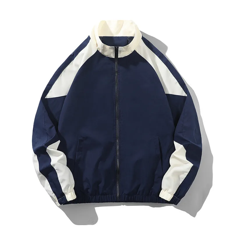 Men's black casual jacket with contrast stitching and side seam pockets, shown on a model.