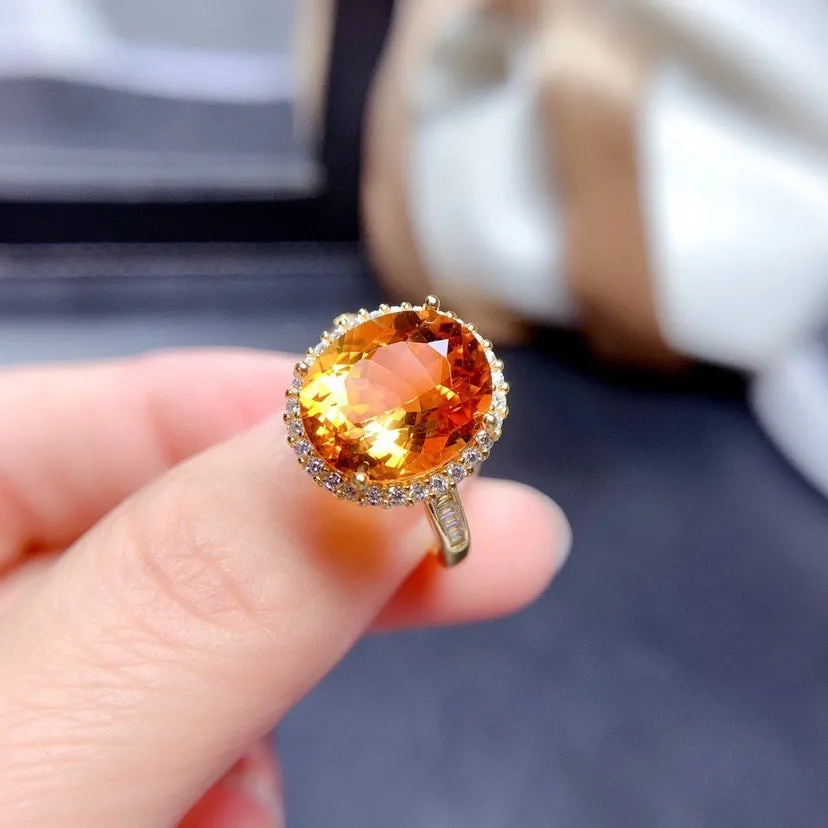 Natural citrine open ring on copper adjustable band with gold yellow diamond finish geometric shape