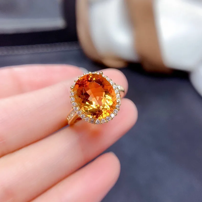 Natural citrine open ring on copper adjustable band with gold yellow diamond finish geometric shape