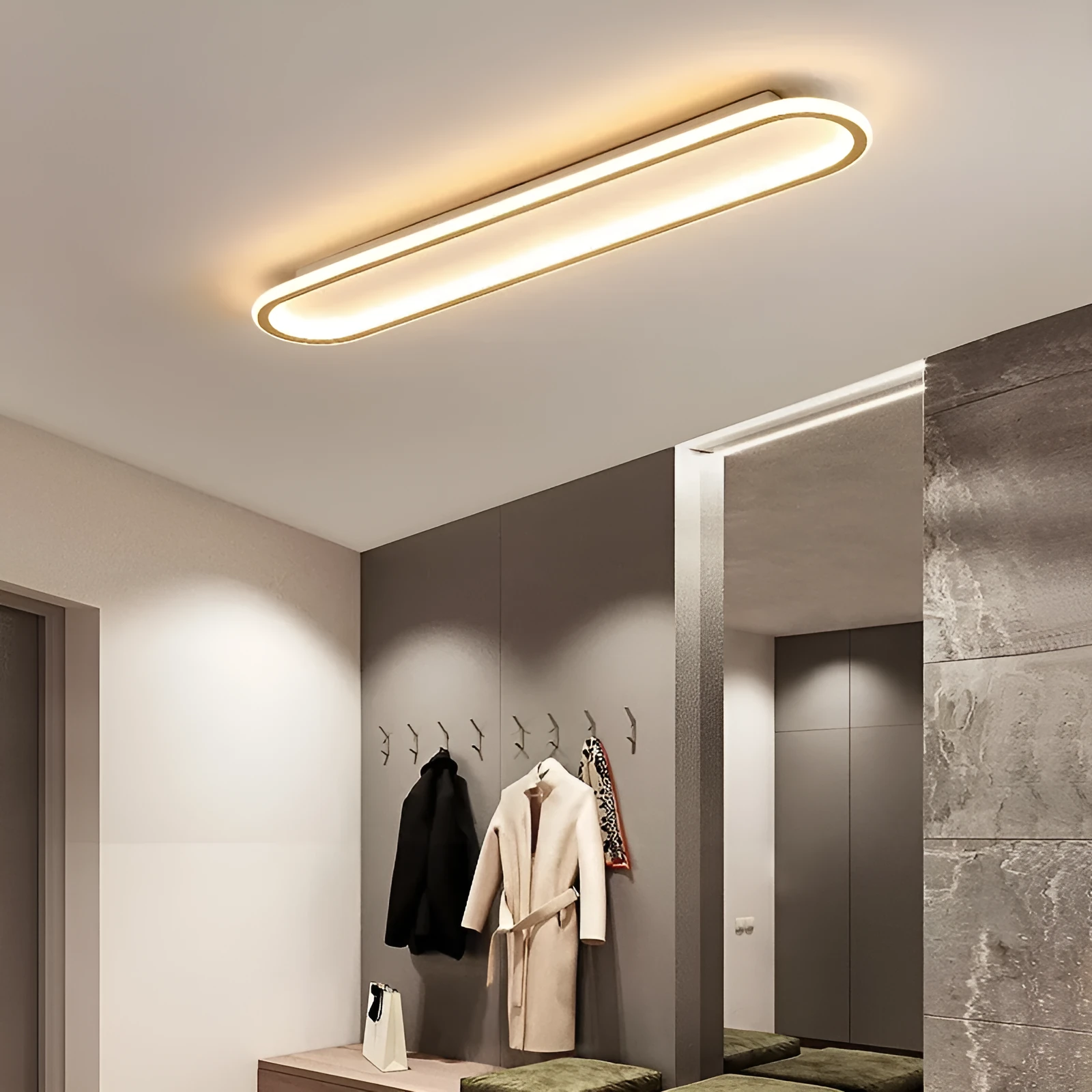 Strip ceiling lamp with aluminium frame and PVC shade in black, white, or gold finish, showing 60cm or 80cm length options