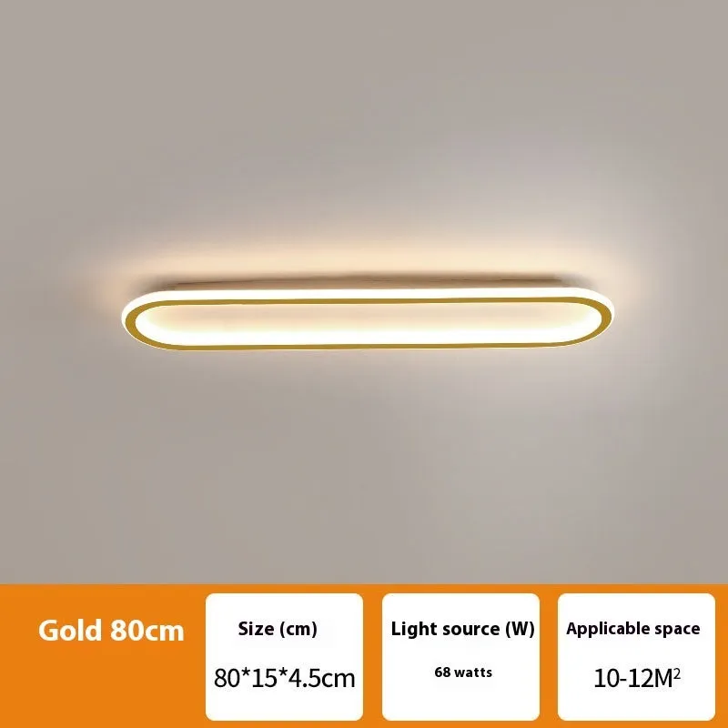 Strip ceiling lamp with aluminium frame and PVC shade in black, white, or gold finish, showing 60cm or 80cm length options