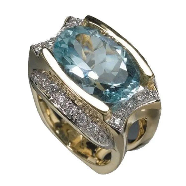 Light blue oval zircon with diamond accent ring, unisex alloy constellation style, size No 5 to No 11