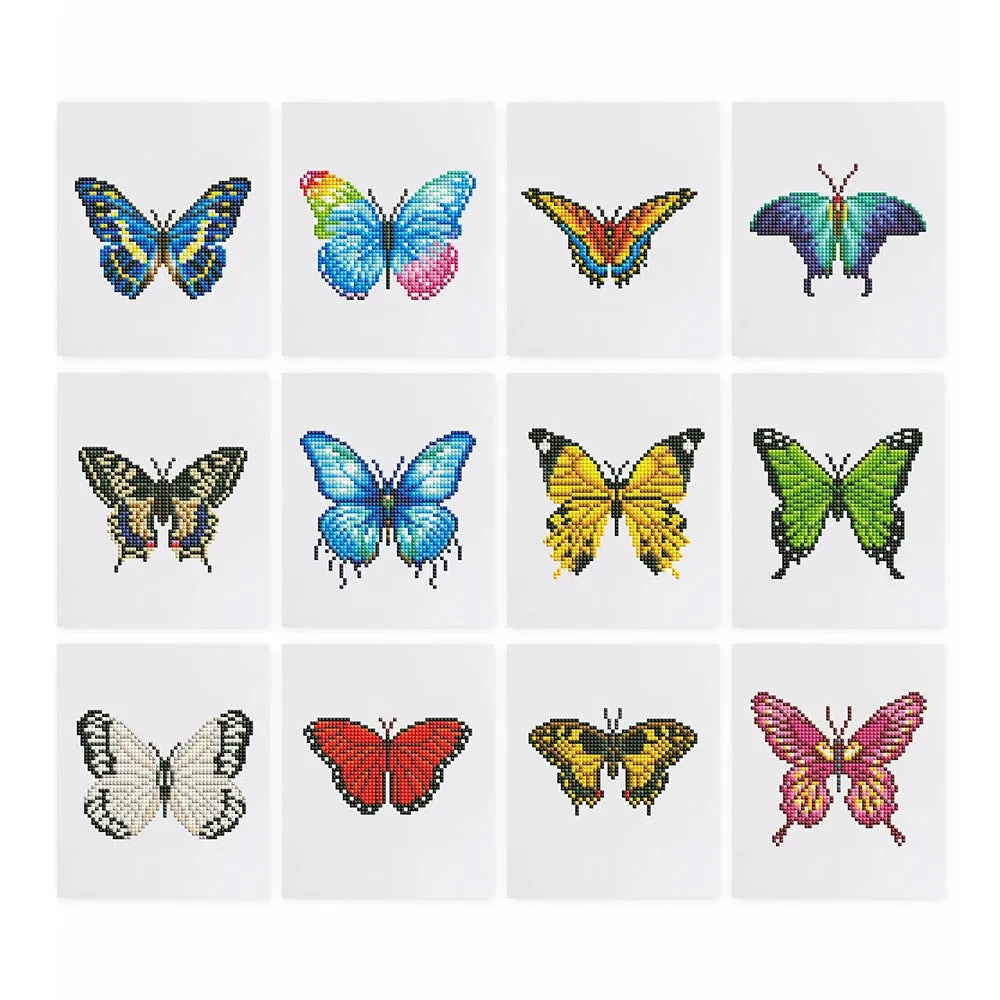 Diamond painting kit set with 12 non-repeating frameless acrylic cartoon designs on white background