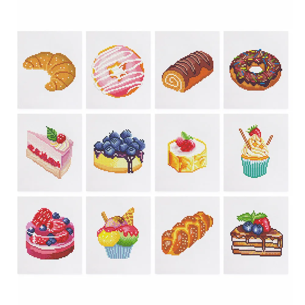 Diamond painting kit set with 12 non-repeating frameless acrylic cartoon designs on white background