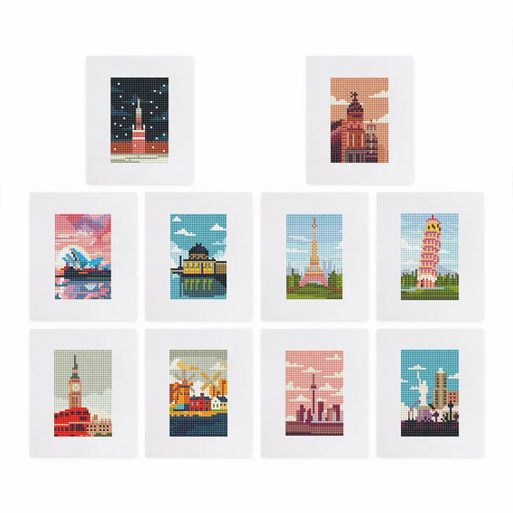 Diamond painting kit set with 12 non-repeating frameless acrylic cartoon designs on white background