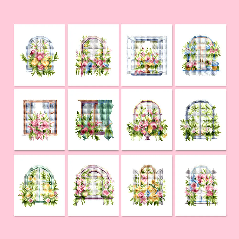 Diamond painting kit set with 12 non-repeating frameless acrylic cartoon designs on white background