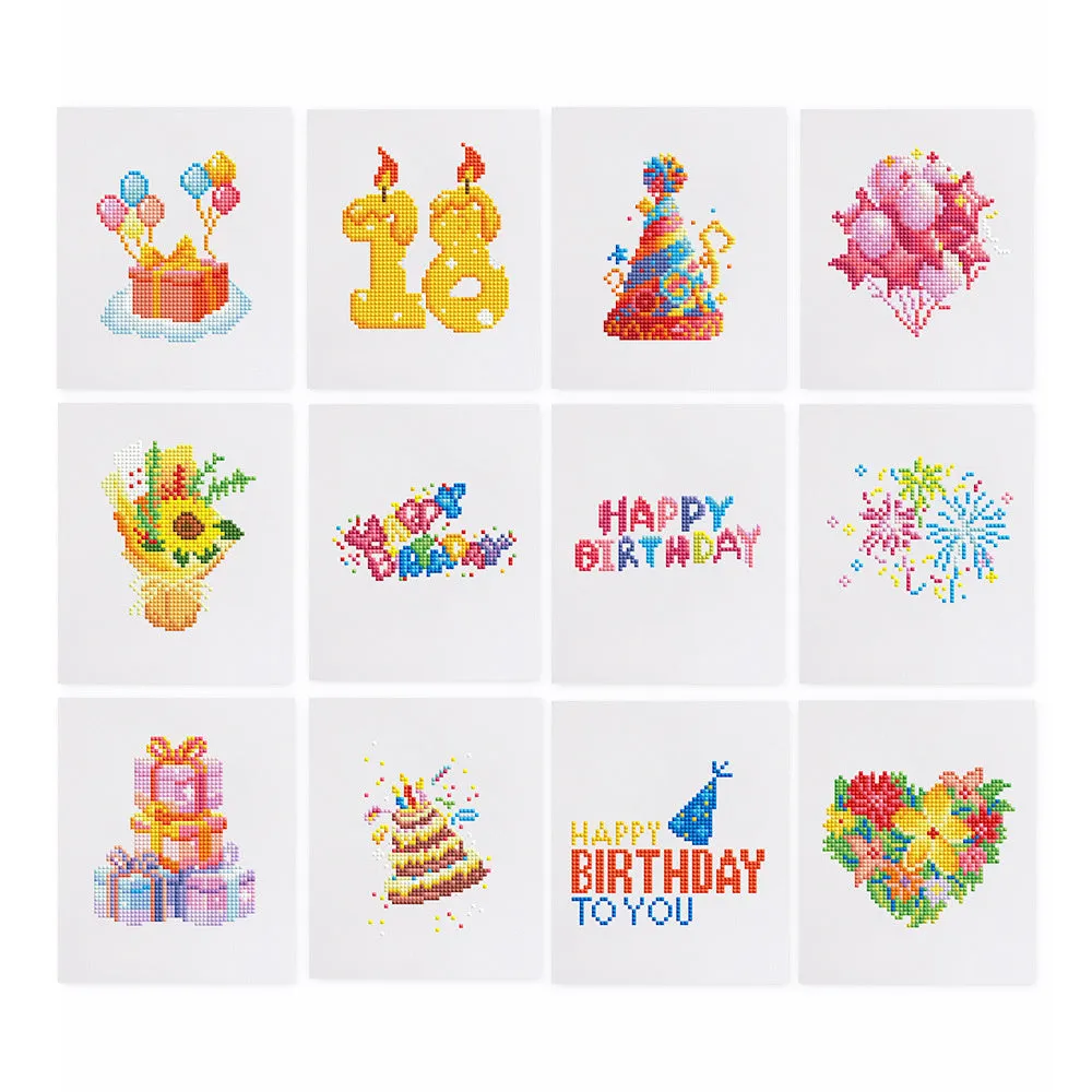 Diamond painting kit set with 12 non-repeating frameless acrylic cartoon designs on white background