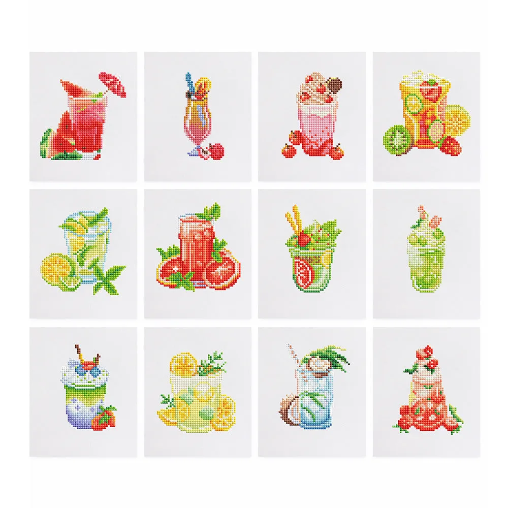 Diamond painting kit set with 12 non-repeating frameless acrylic cartoon designs on white background
