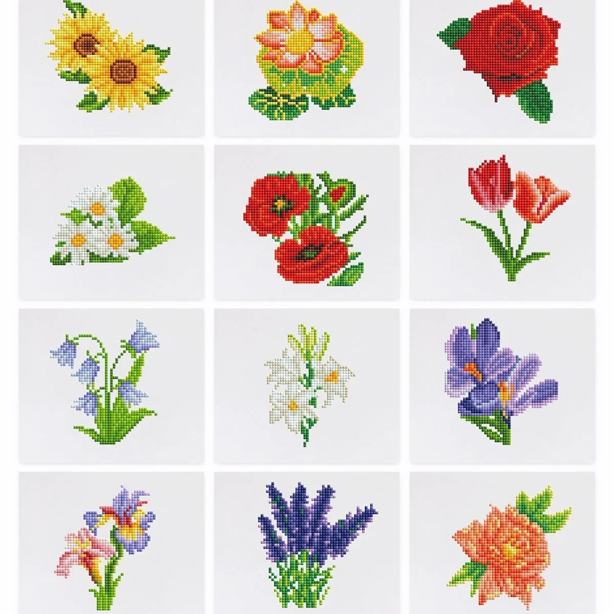 Diamond painting kit set with 12 non-repeating frameless acrylic cartoon designs on white background