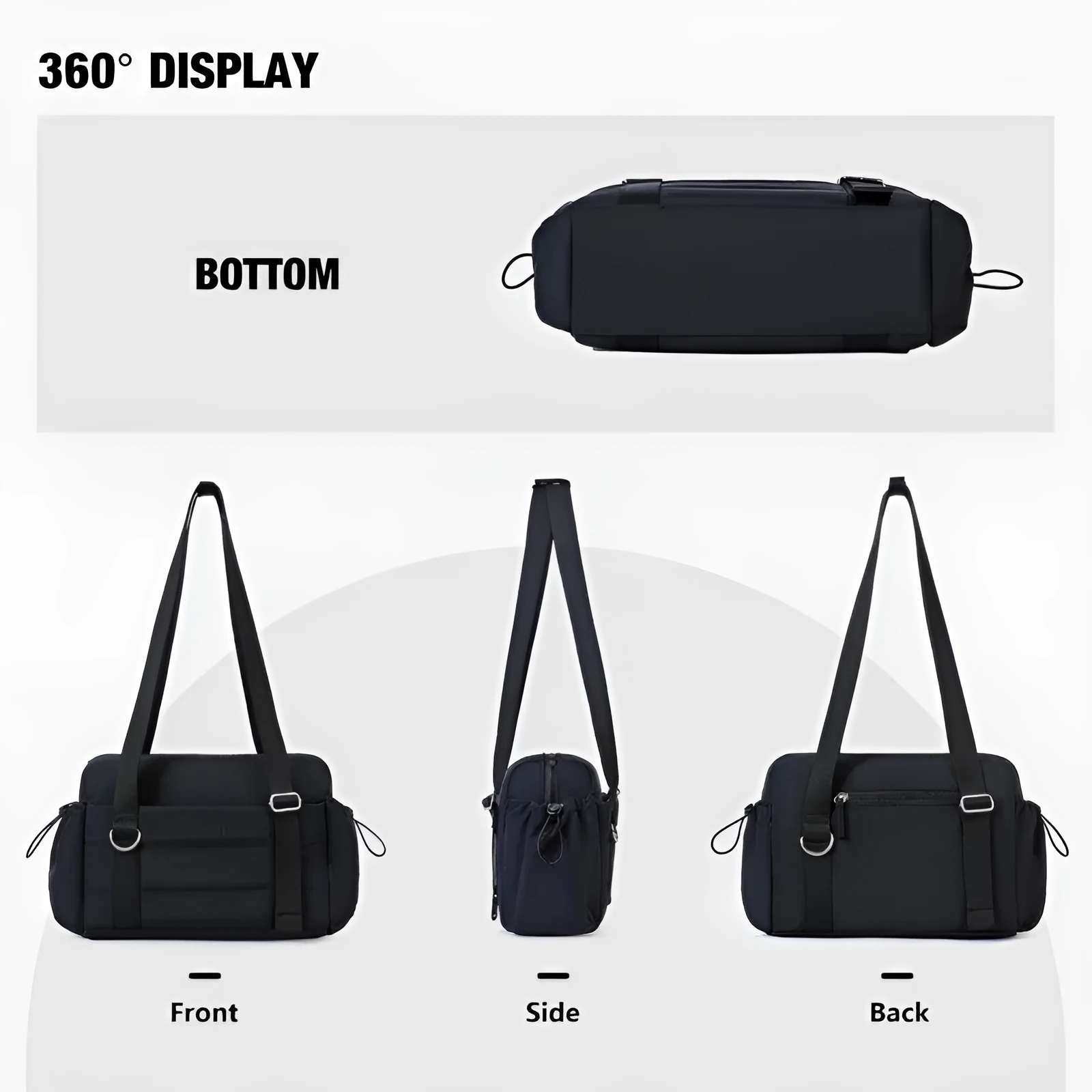 Women's black nylon shoulder gym bag with chain detail, 36-55L capacity, on plain background