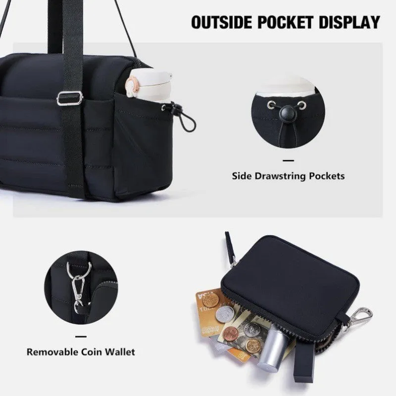 Women's black nylon shoulder gym bag with chain detail, 36-55L capacity, on plain background