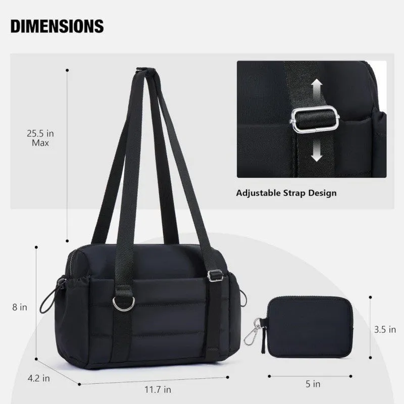 Women's black nylon shoulder gym bag with chain detail, 36-55L capacity, on plain background