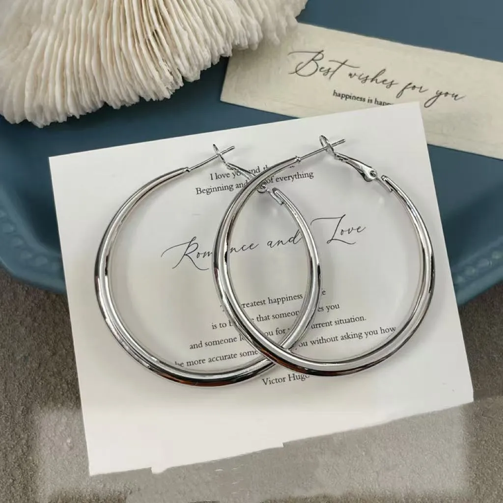 Silver plated geometric circle earrings with 925 silver needle, 5cm diameter