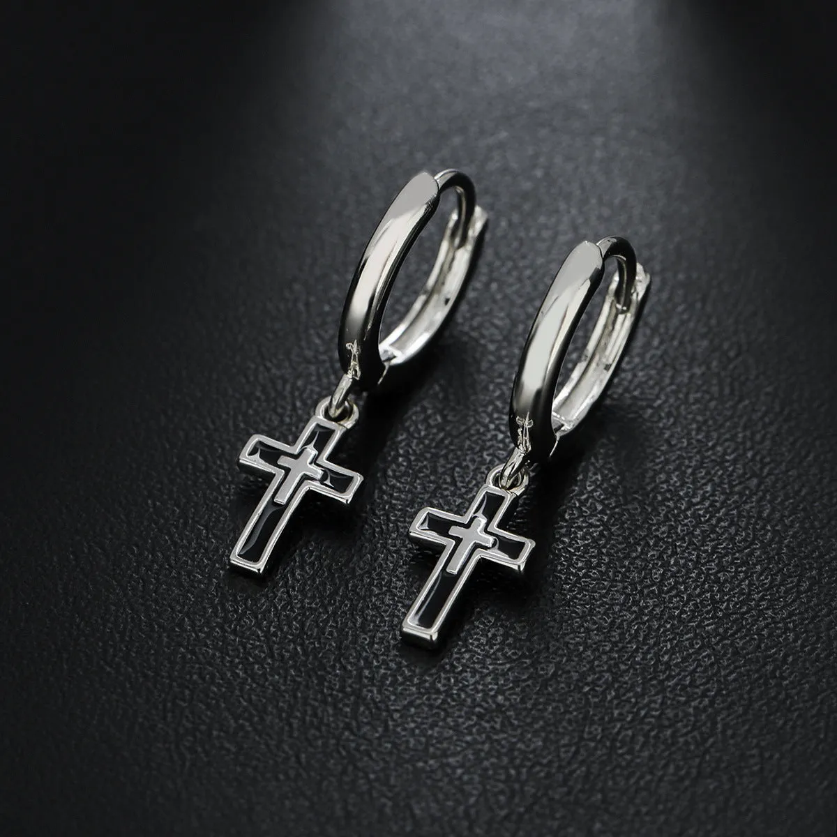 Silver plated cross retro earrings unisex geometric simple style on display