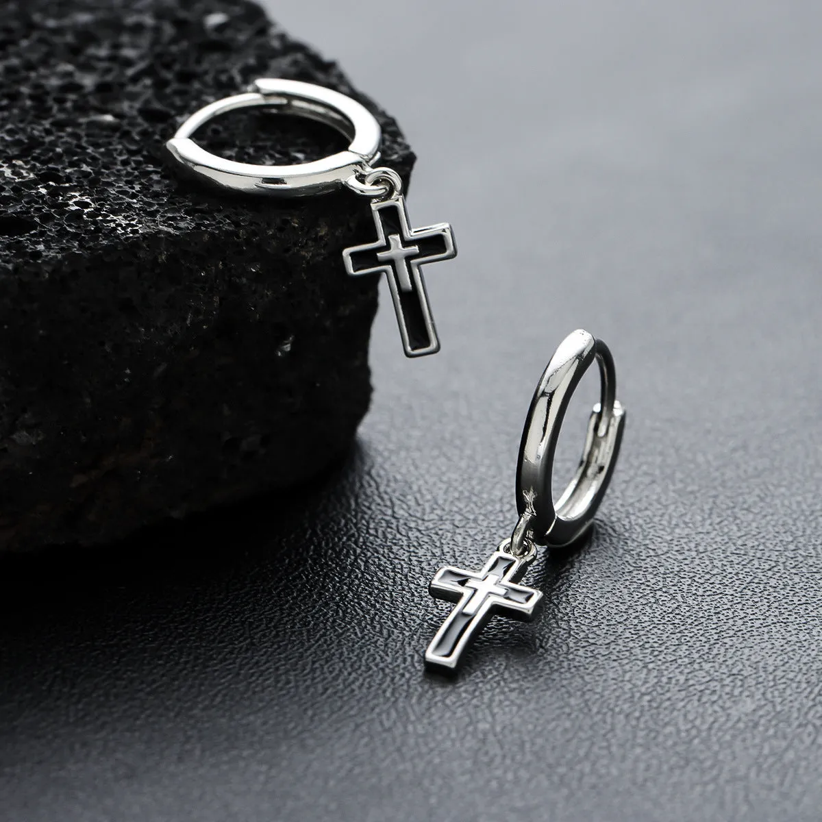 Silver plated cross retro earrings unisex geometric simple style on display