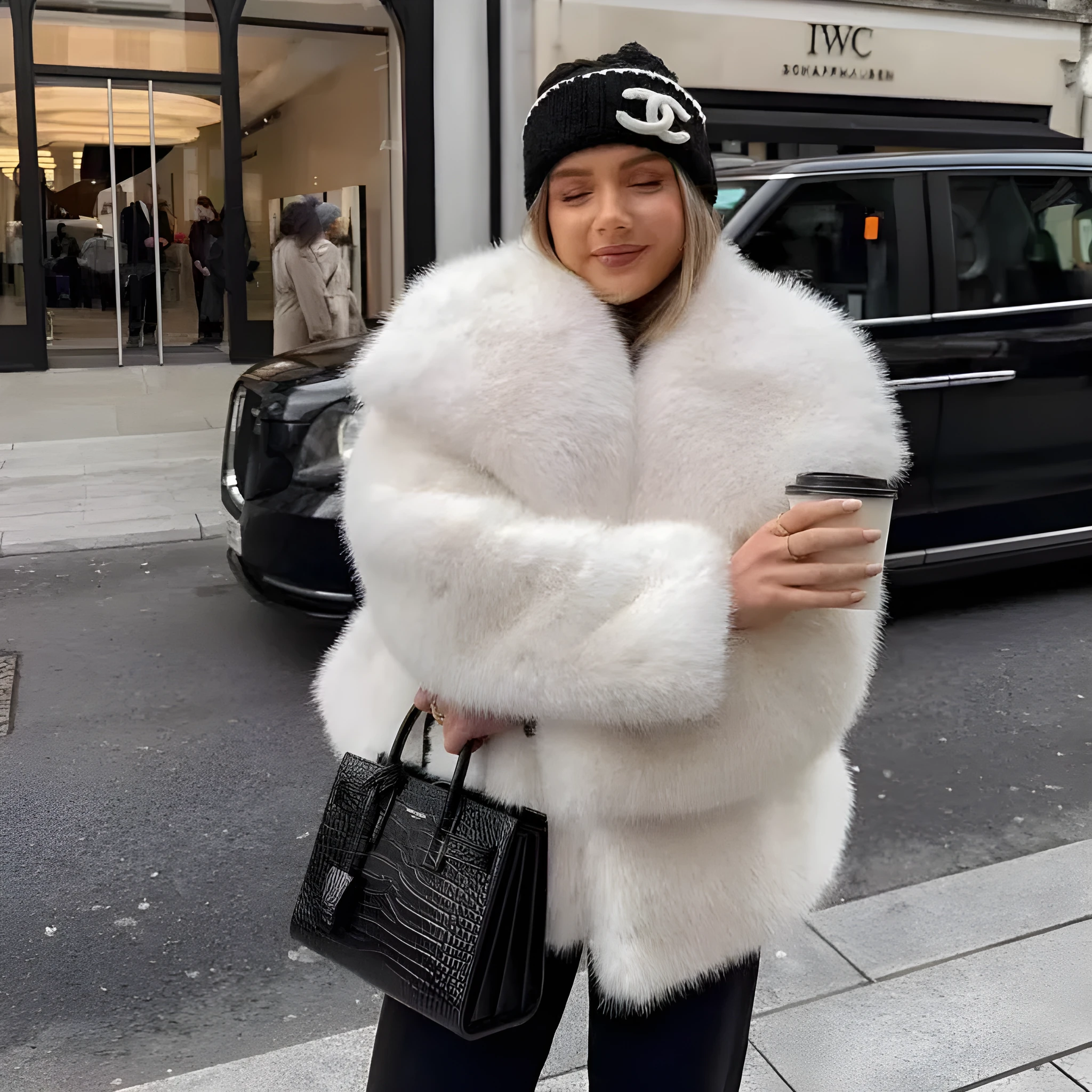Women's artificial fur coat with large lapel and pockets in high quality white colour, street-fashion style long sleeves