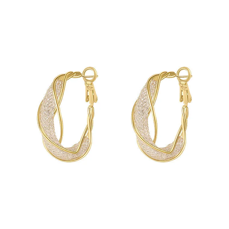 Mixed material mesh crystal and silver geometric ring shape earrings for women electroplated finish