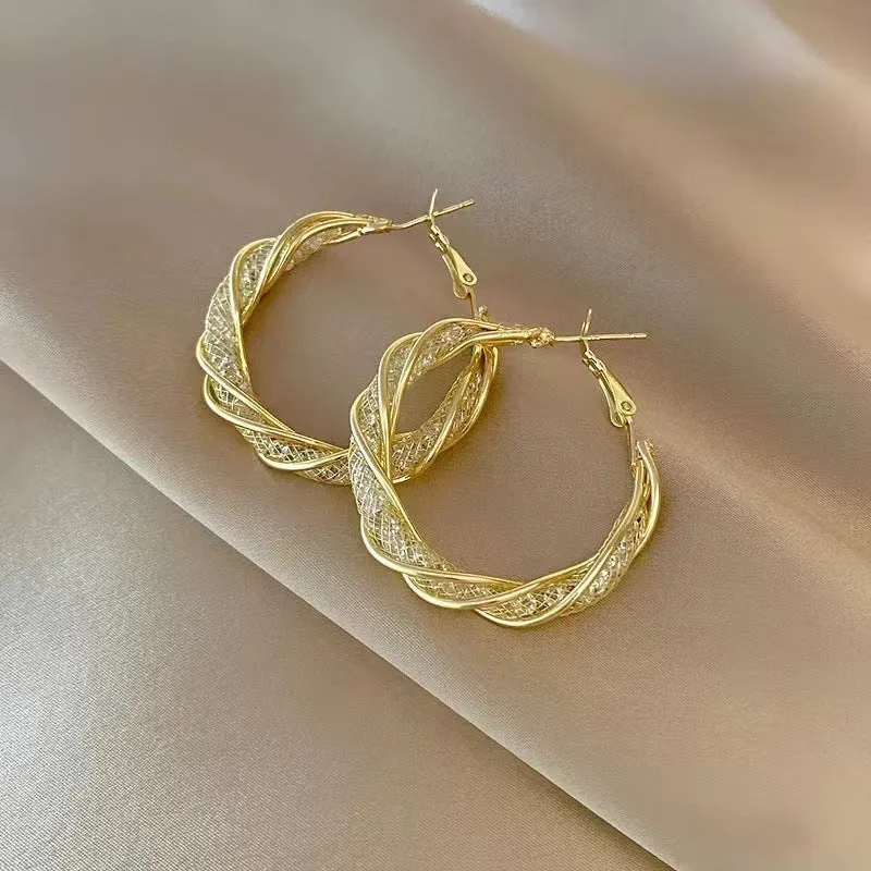 Mixed material mesh crystal and silver geometric ring shape earrings for women electroplated finish