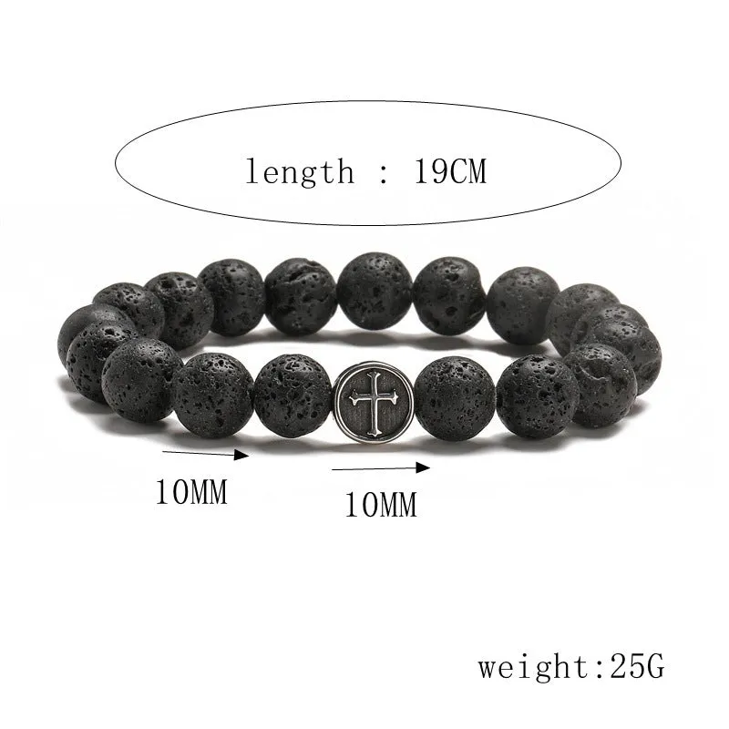 Geometric volcanic agate bracelet with stainless steel finish, showing 10mm beads.