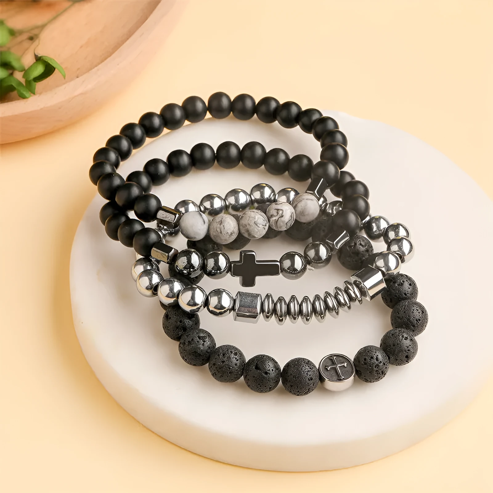 Geometric volcanic agate bracelet with stainless steel finish, showing 10mm beads.