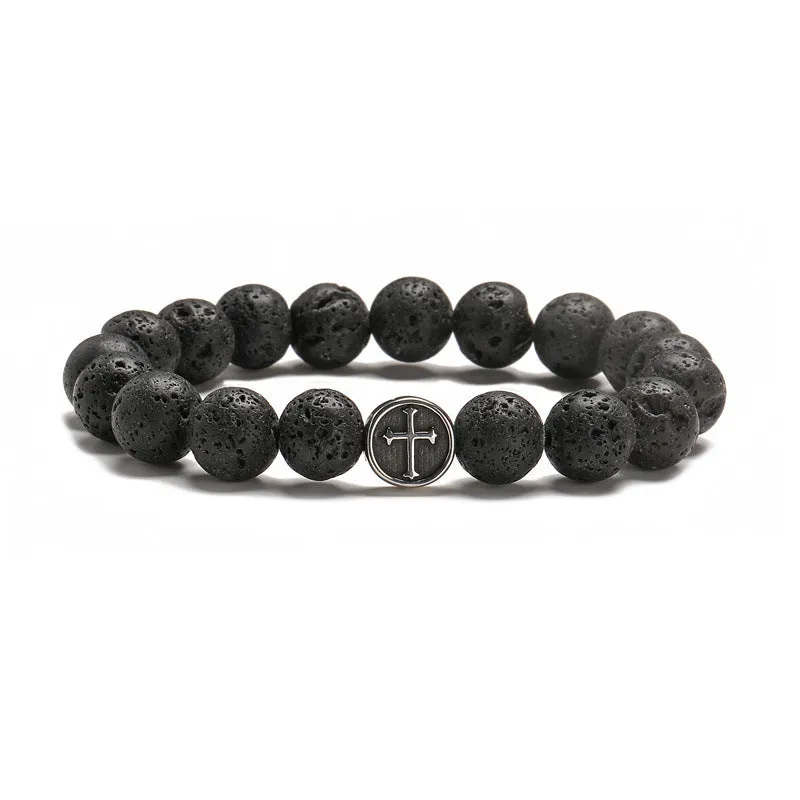 Geometric volcanic agate bracelet with stainless steel finish, showing 10mm beads.