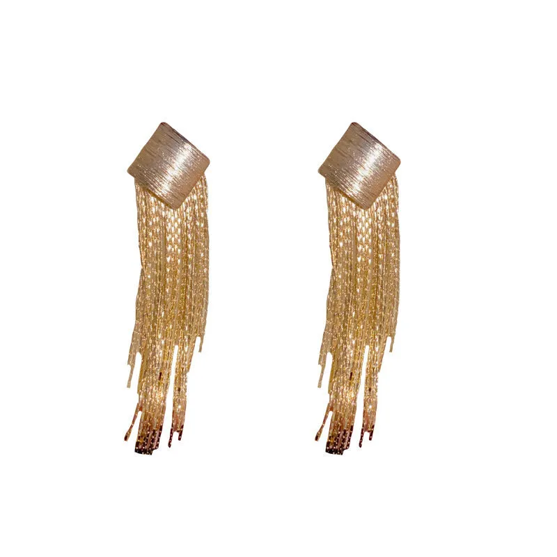Pair of geometric tassel earrings with electroplated copper finish and real gold colour retention, simple style for women