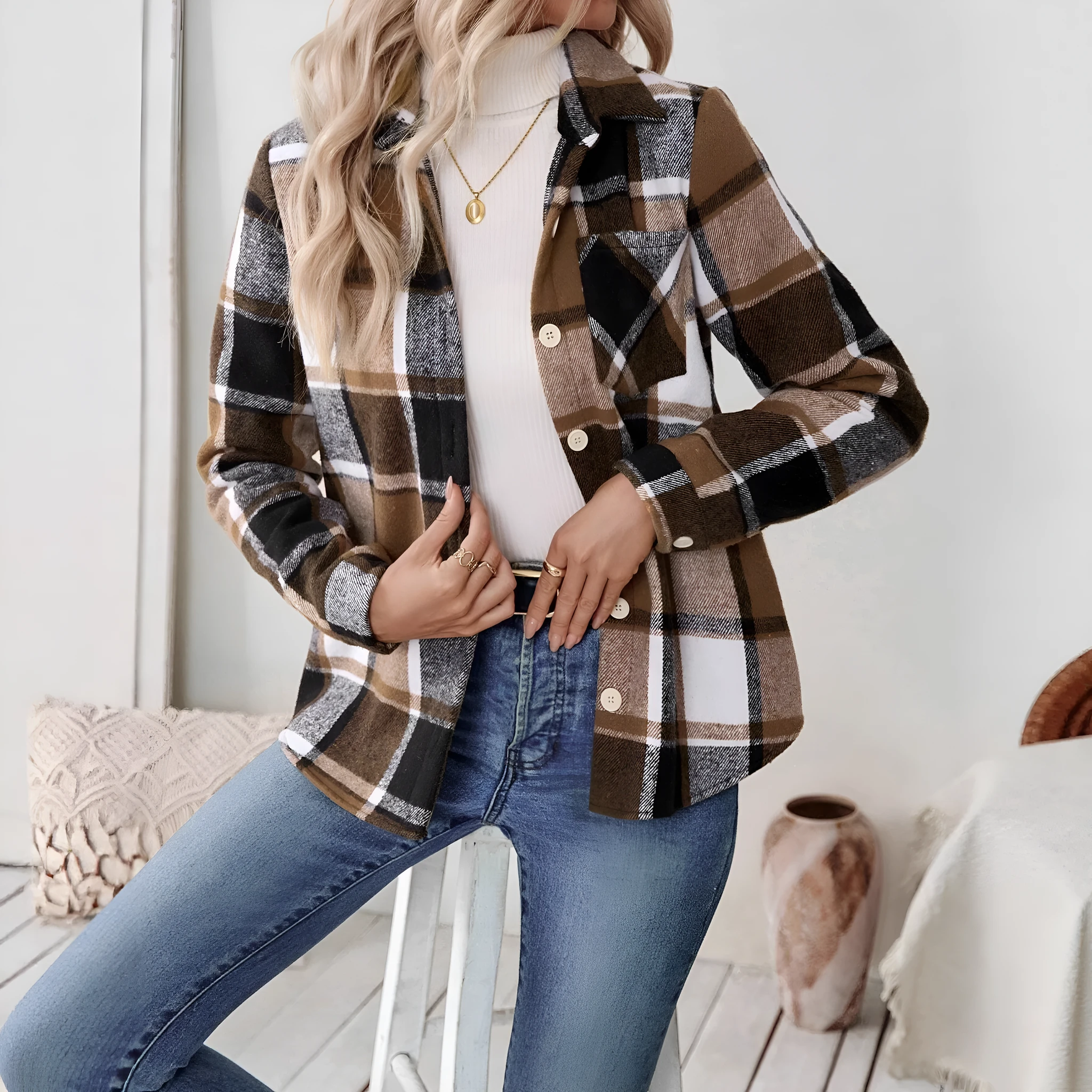 Woven plaid button shirt collar jacket top in brown, polyester, with pockets, medium thickness, regular fit