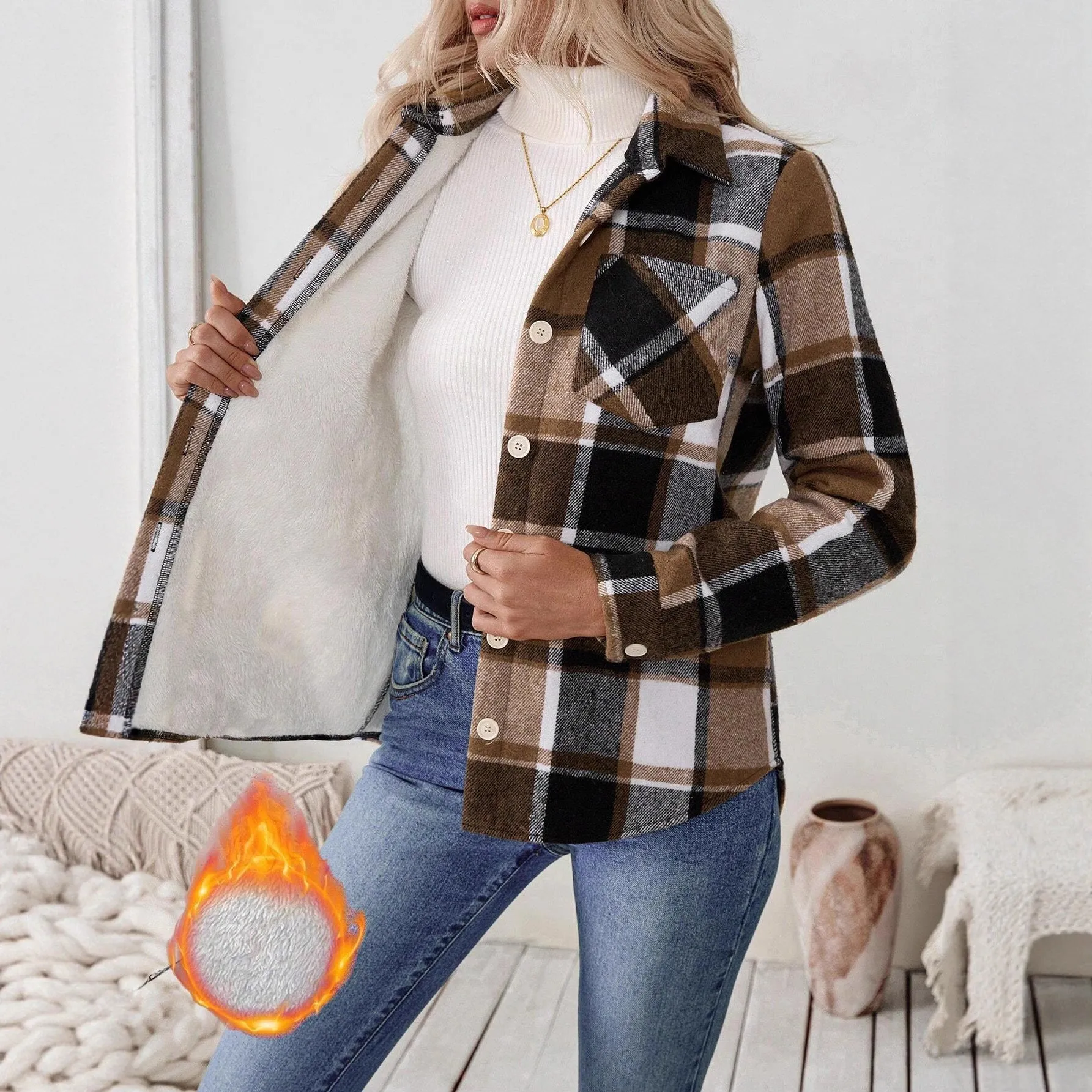 Woven plaid button shirt collar jacket top in brown, polyester, with pockets, medium thickness, regular fit