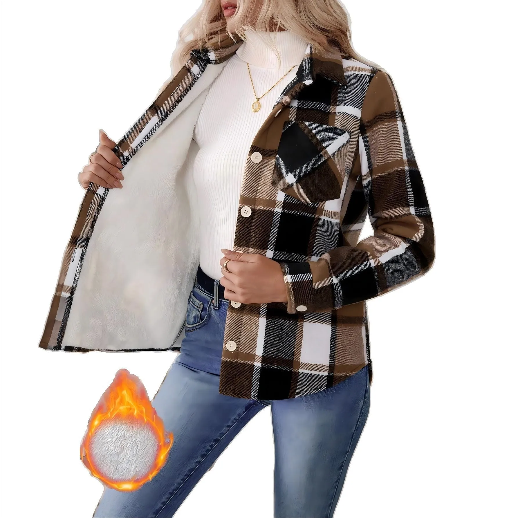 Woven plaid button shirt collar jacket top in brown, polyester, with pockets, medium thickness, regular fit