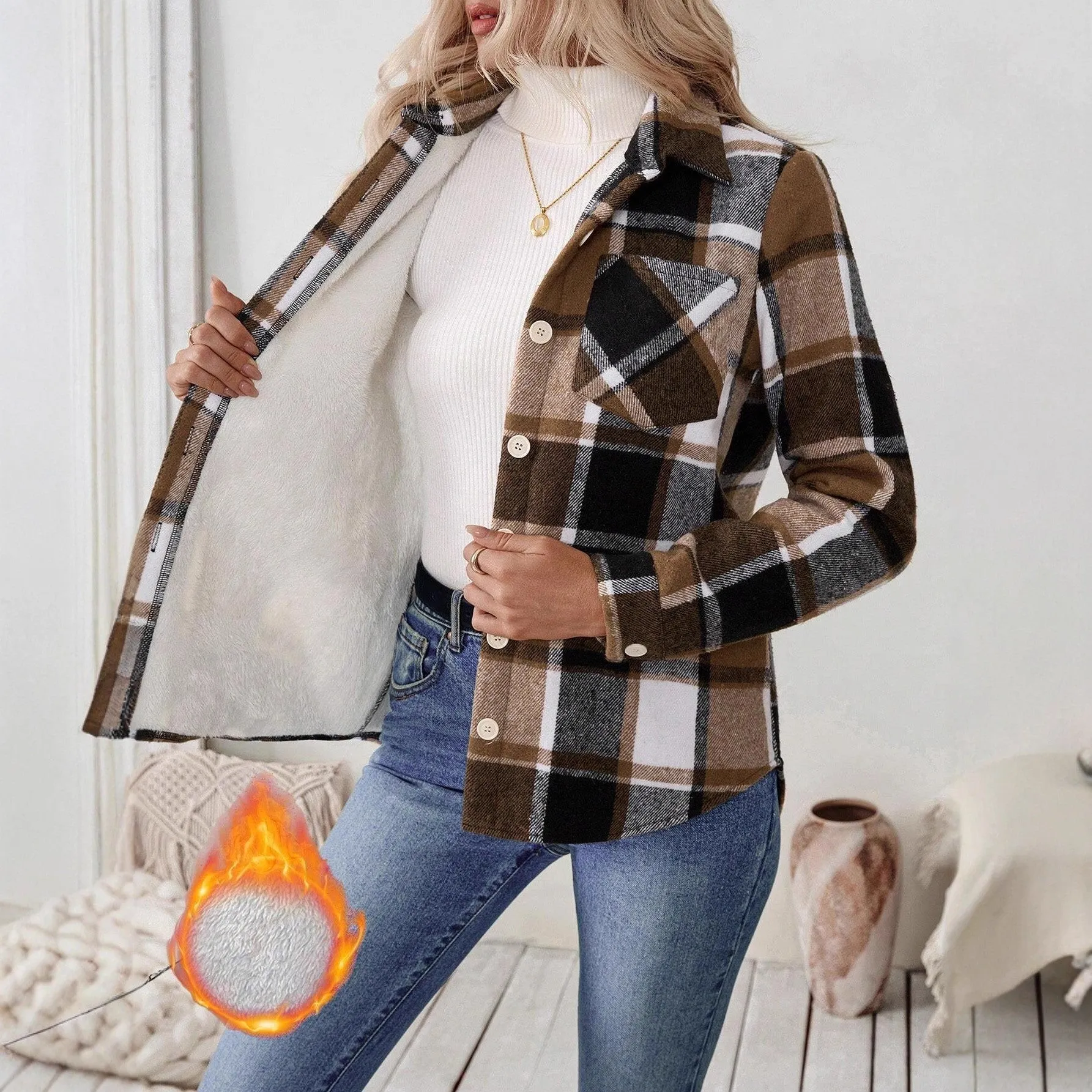 Woven plaid button shirt collar jacket top in brown, polyester, with pockets, medium thickness, regular fit