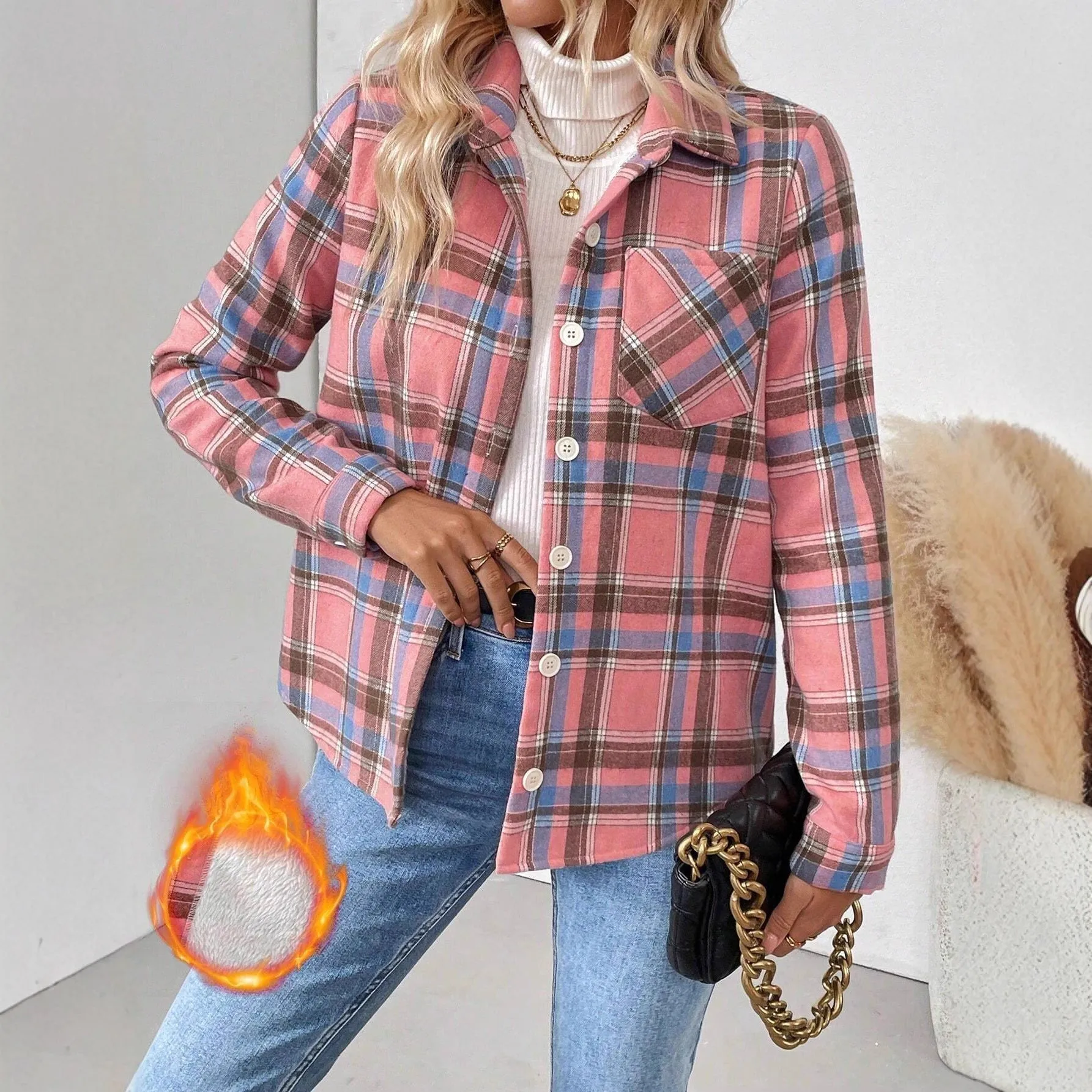 Woven plaid button shirt collar jacket top in brown, polyester, with pockets, medium thickness, regular fit