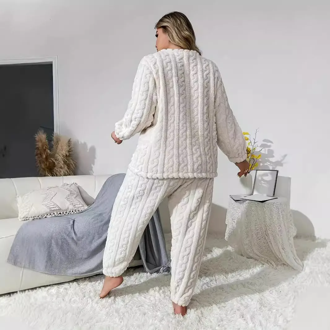 Women's Milky White polyester two-piece pyjama set with crew neck top and matching trousers