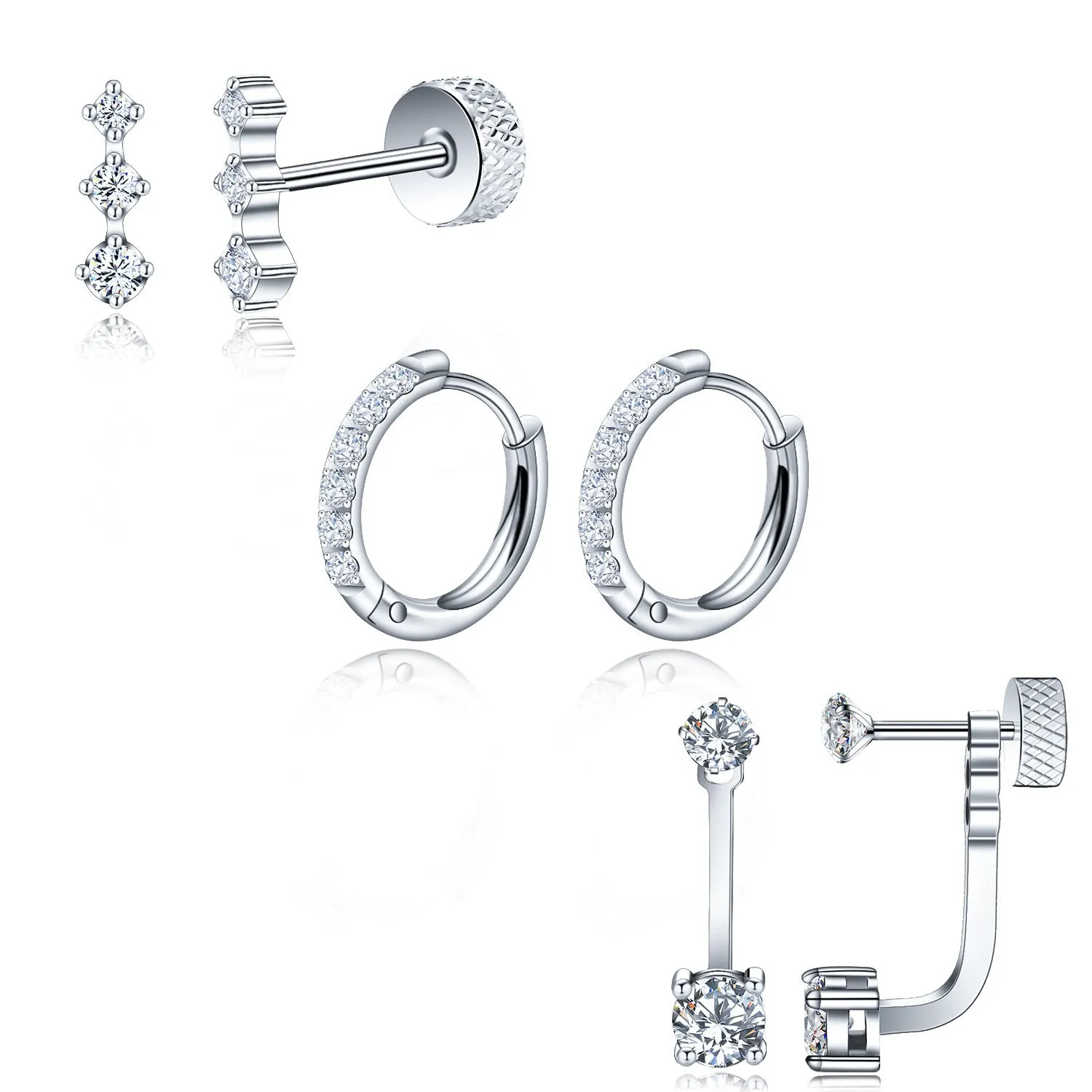 Set of three pairs titanium steel ring-shaped earrings with zircon inlay, steel colour finish