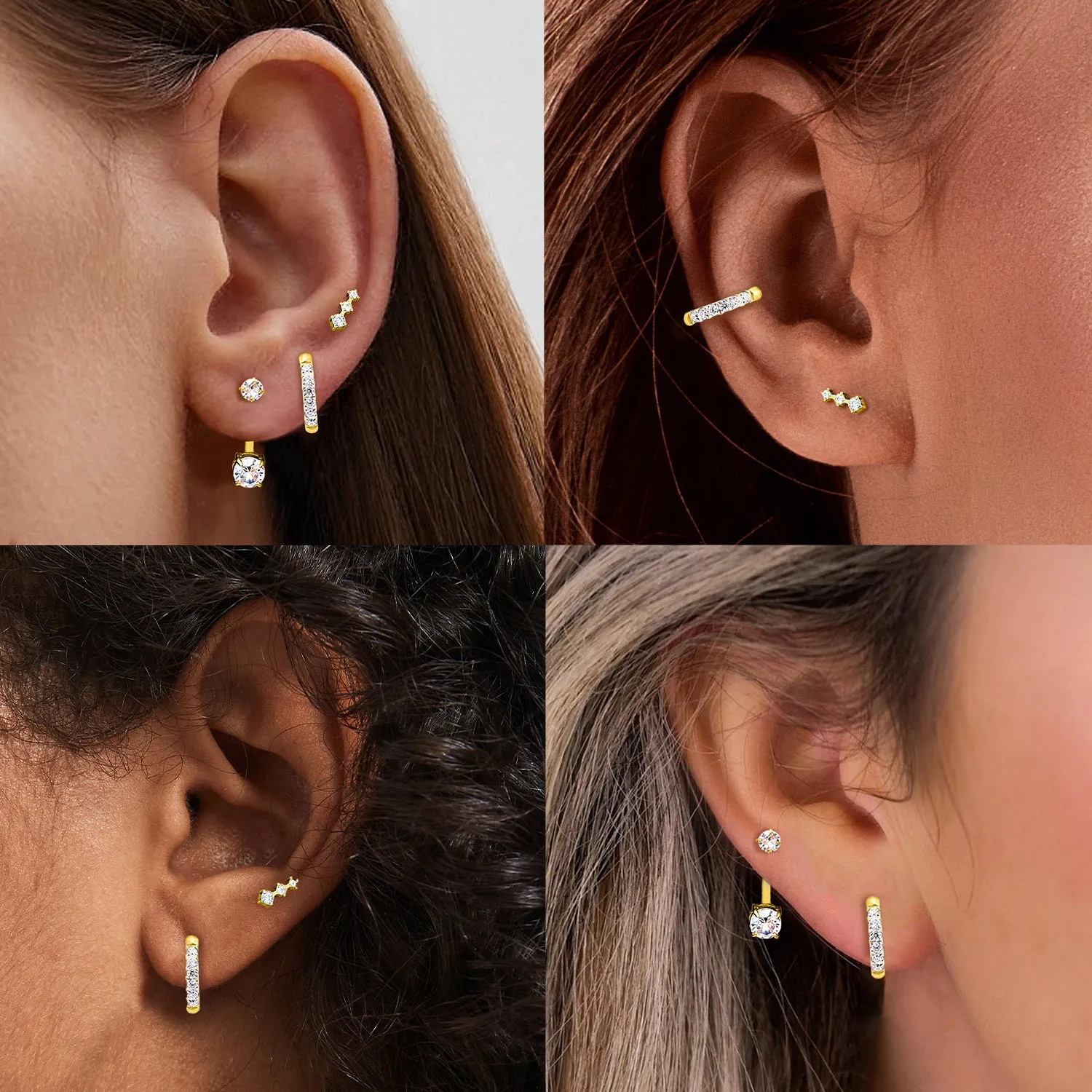 Set of three pairs titanium steel ring-shaped earrings with zircon inlay, steel colour finish