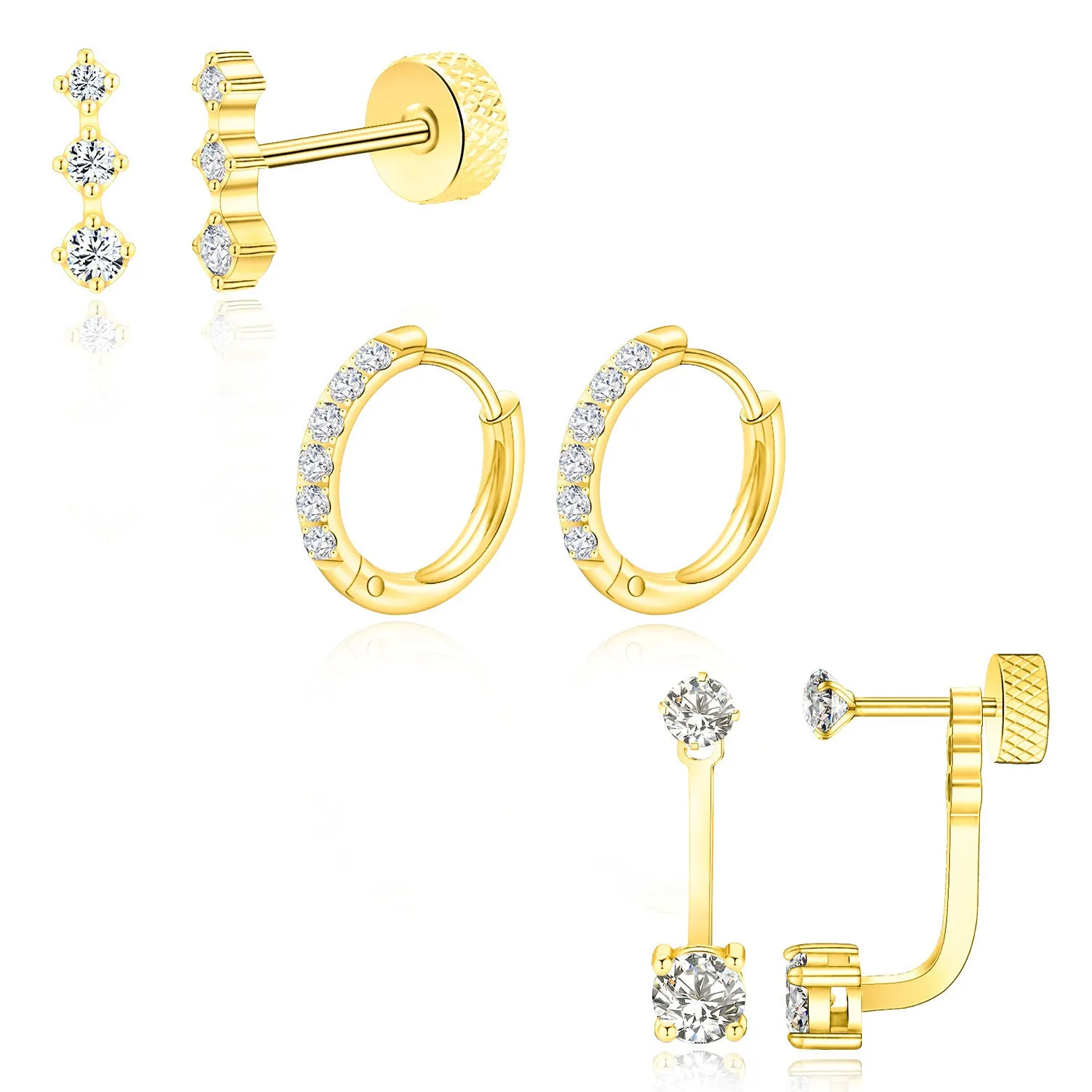 Set of three pairs titanium steel ring-shaped earrings with zircon inlay, steel colour finish