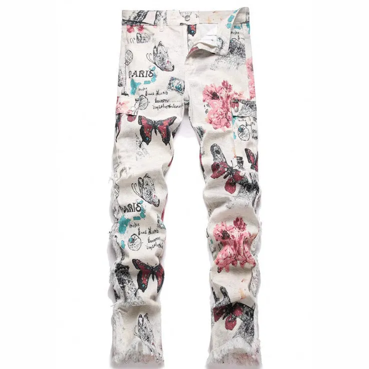 Men's slim fit animal digital print denim trousers in mid-waist casual style with zip fly
