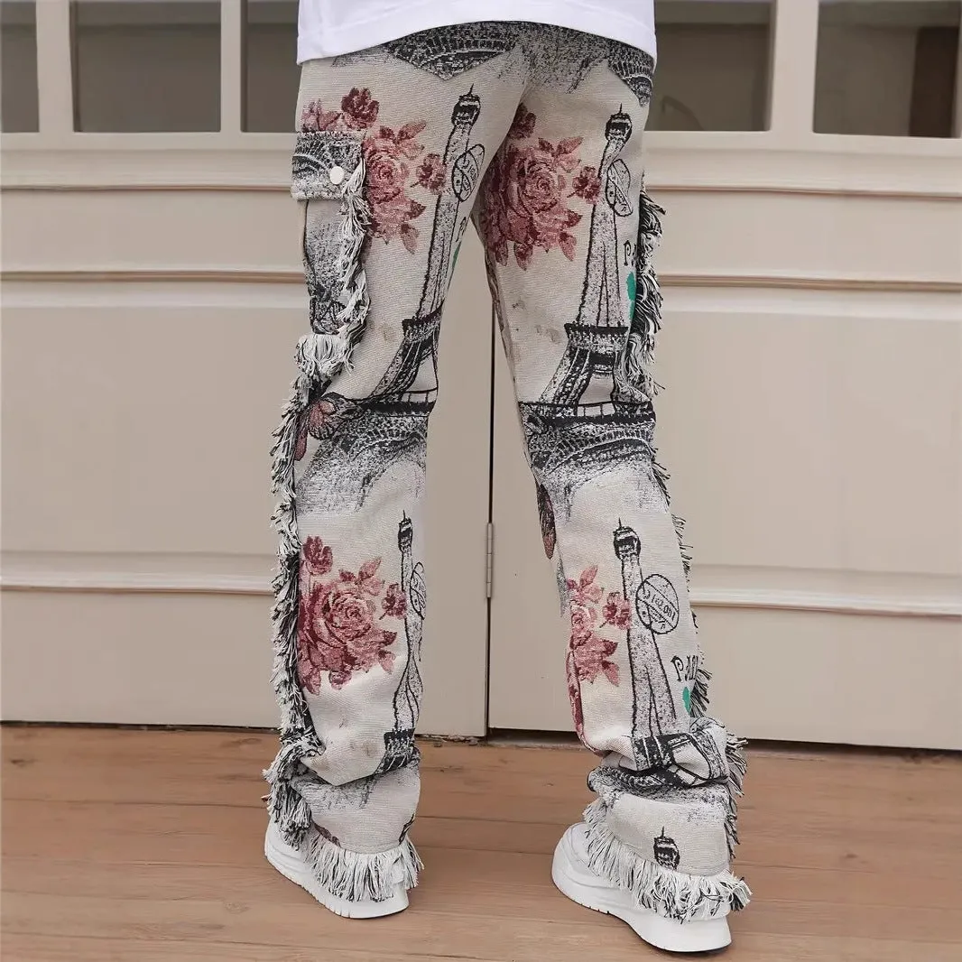 Men's slim fit animal digital print denim trousers in mid-waist casual style with zip fly