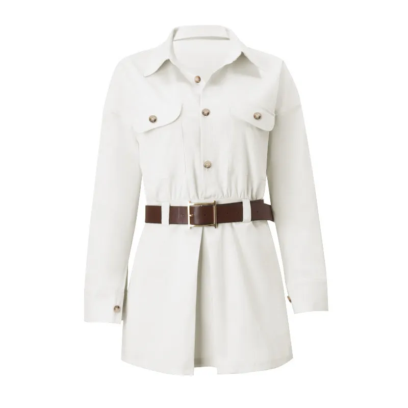 Grey long sleeve button front shirt dress with low waist and fake pocket details on a model