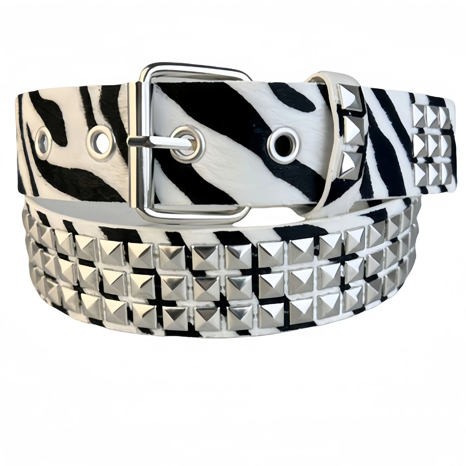 Women's punk style belt with decorative metal rivets on PU leather in animal print pattern with alloy buckle