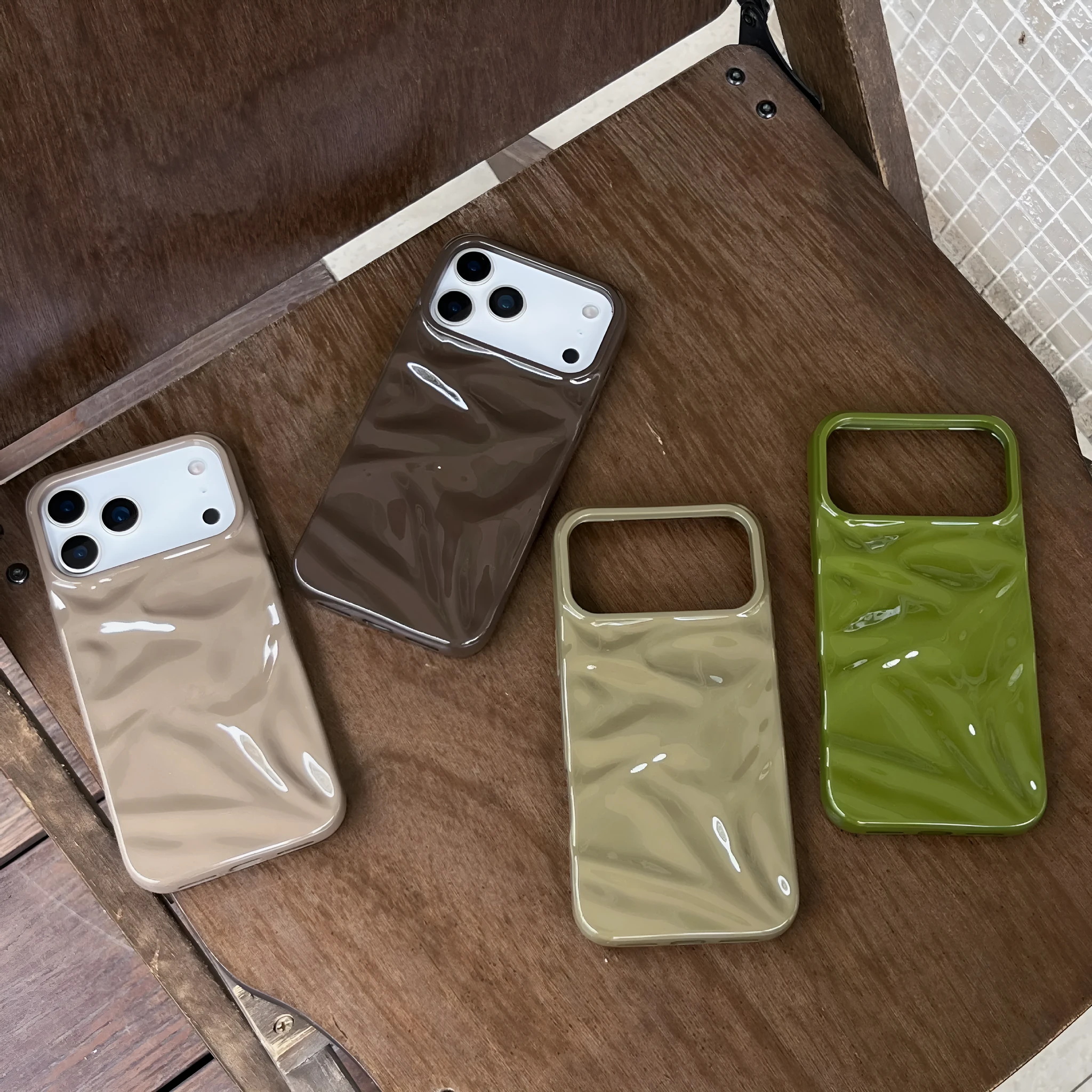 QF pleated TPU phone case in green for iPhone 15 Pro with three-dimensional textured pattern