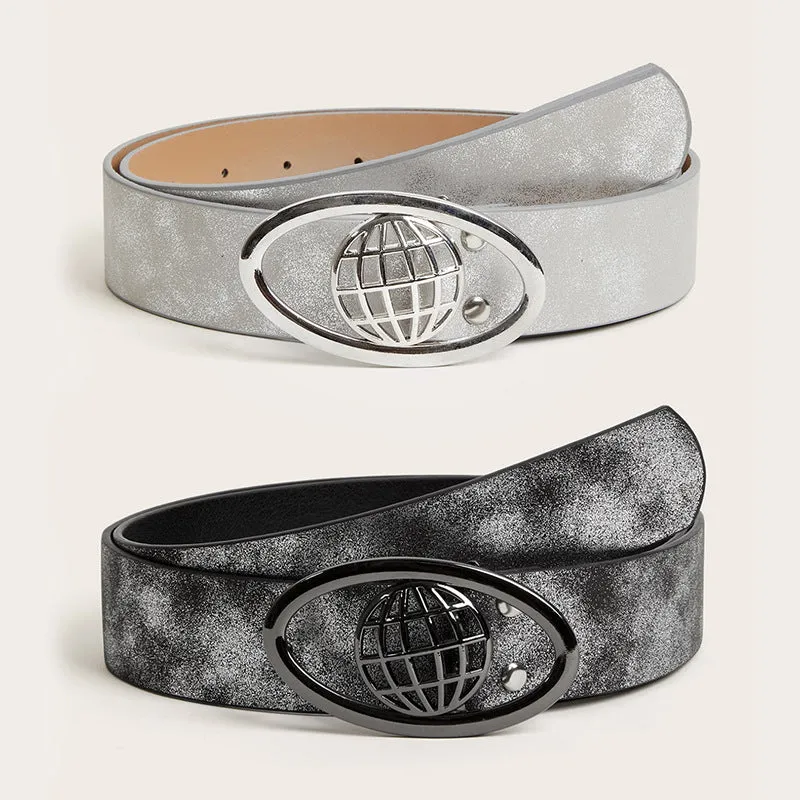 Retro oval buckle women's belt in thick PU leather with antique alloy fastener