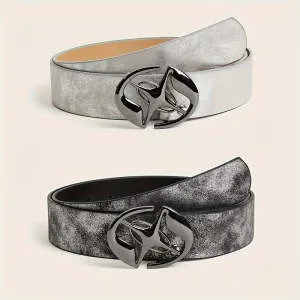 Retro oval buckle women's belt in thick PU leather with antique alloy fastener