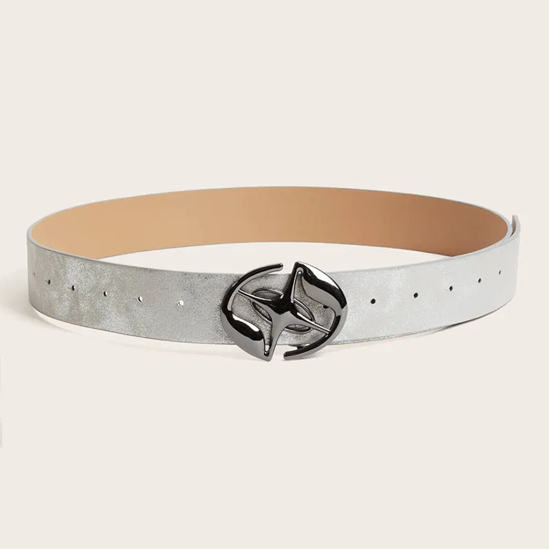 Retro oval buckle women's belt in thick PU leather with antique alloy fastener