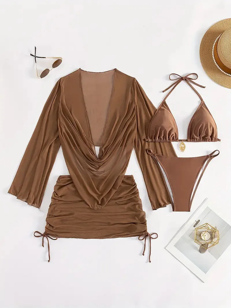 Women's dark brown lace-up bikini set on a mannequin, showing sleeveless briefs design.