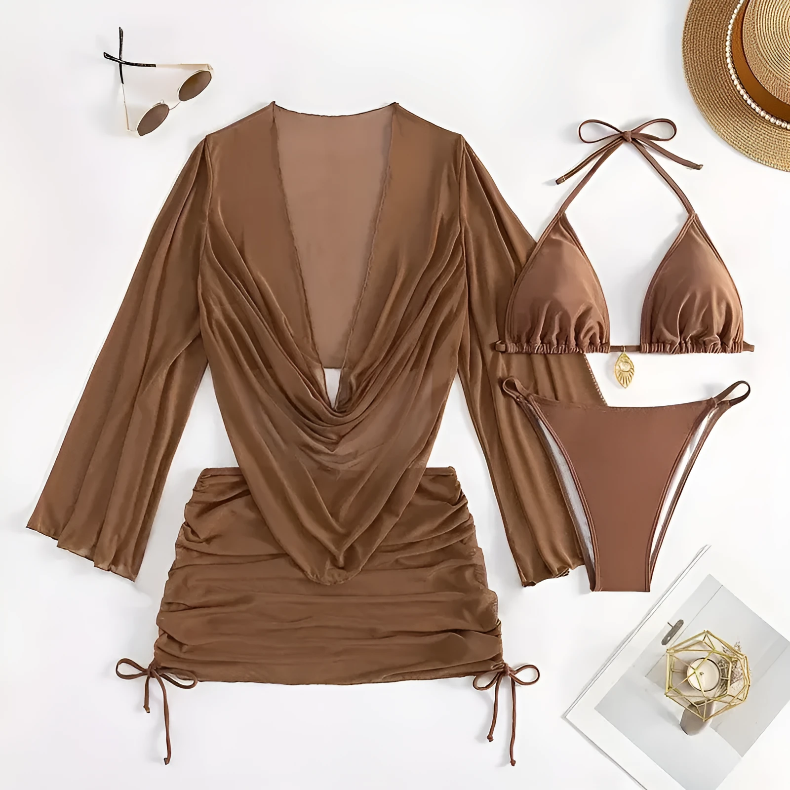 Women's dark brown lace-up bikini set on a mannequin, showing sleeveless briefs design.