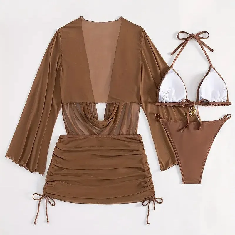 Women's dark brown lace-up bikini set on a mannequin, showing sleeveless briefs design.