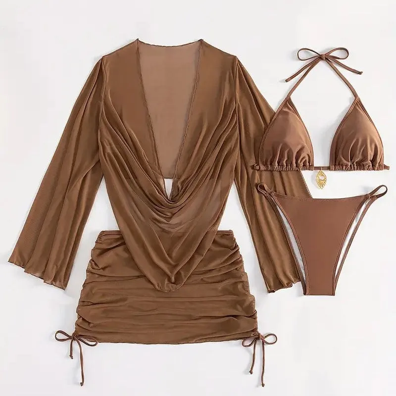 Women's dark brown lace-up bikini set on a mannequin, showing sleeveless briefs design.