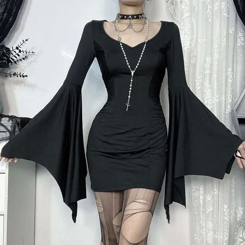 Black geometric A-line short dress with V-neck and long sleeves for women