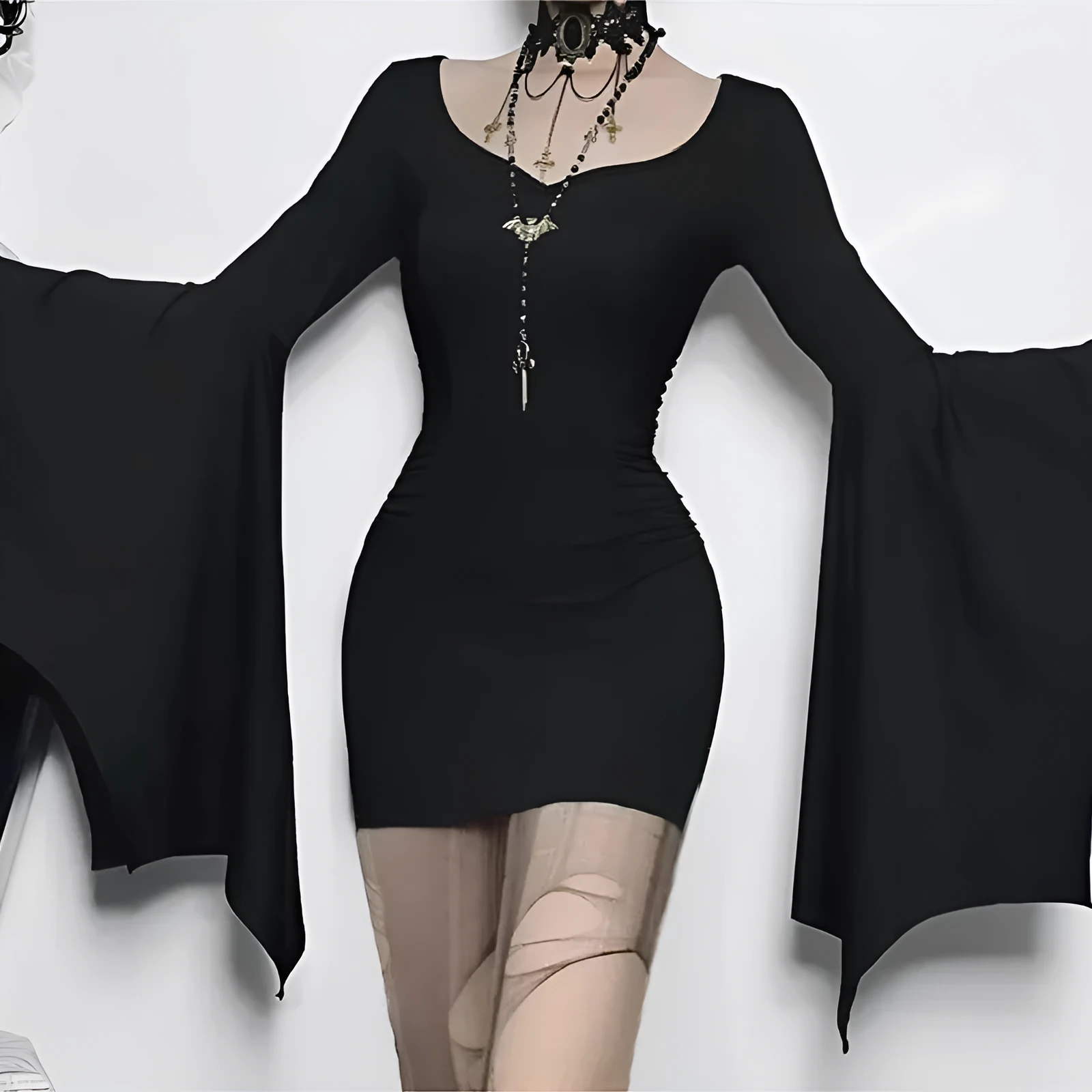 Black geometric A-line short dress with V-neck and long sleeves for women