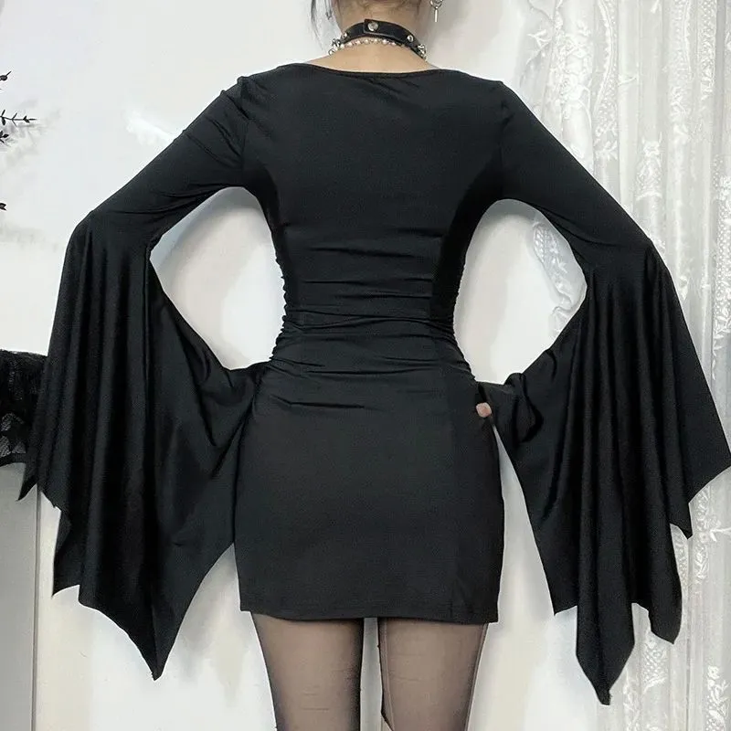 Black geometric A-line short dress with V-neck and long sleeves for women